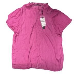 Tahari Large 100% Polyester Hype Pink Ruffle Neck & Sleeve Blouse